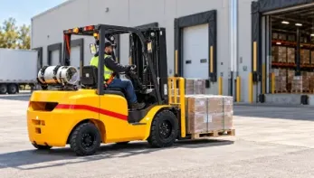 Operator driving a yellow LP forklift with a low pallet load outside a warehouse
