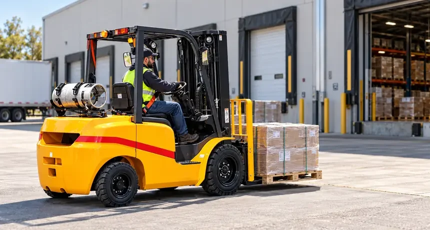 Operator driving a yellow LP forklift with a low pallet load outside a warehouse