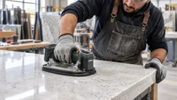 Installer using a GRABO vacuum lifter on a supported quartz countertop in a stone fabrication workshop