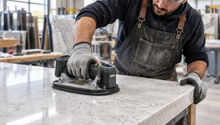 Installer using a GRABO vacuum lifter on a supported quartz countertop in a stone fabrication workshop