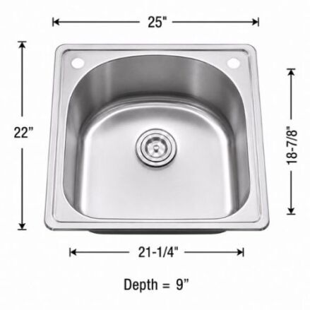 Top mount single bowl sink in 18 gauge stainless steel