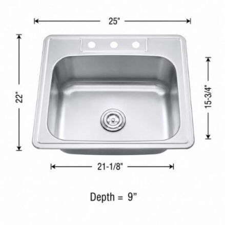 Top mount single bowl sink in 18 gauge stainless steel